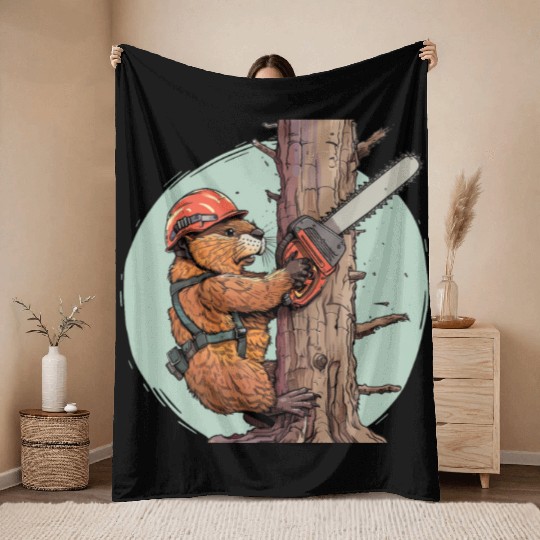 Beaver Lumberjack Chainsaw Throw Blankets