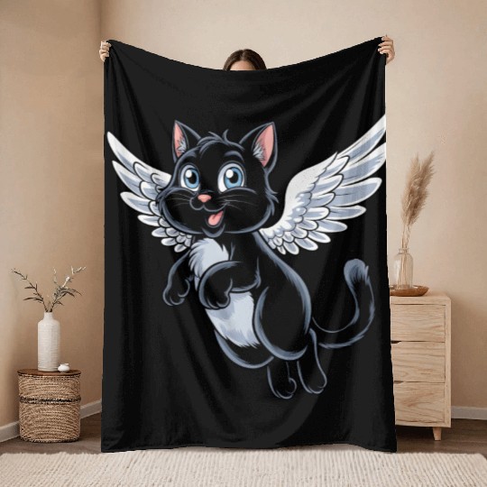 Black Cat with Angel Wings Throw Blankets