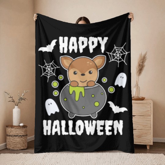 Deer Happy Halloween Cauldron Bat Throw Blankets