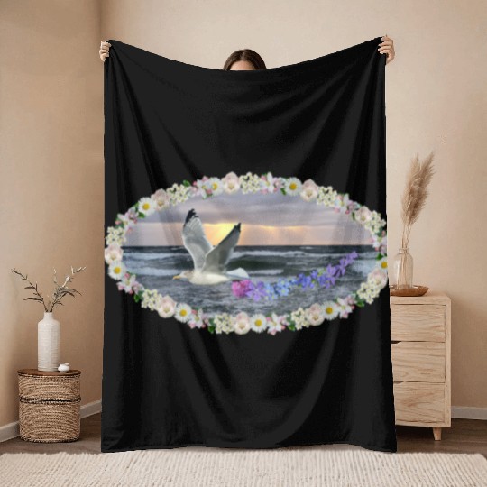 sea beach sunset seagull kitsch flashy magic Throw Blankets