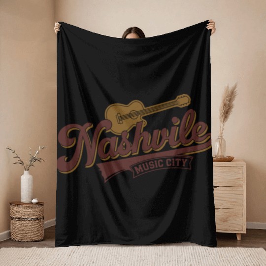 Nashville Music City Logo with Guitar Illustration Throw Blankets