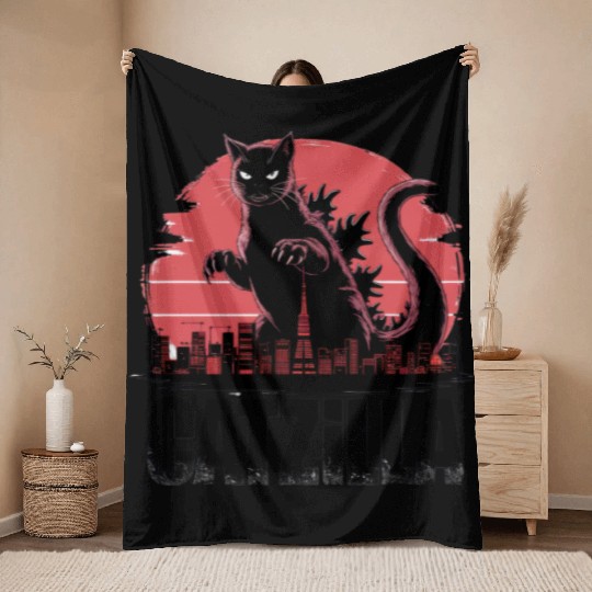 Catzilla: Fierce Feline Monster Throw Blankets