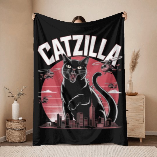 Catzilla Attacks City Design Throw Blankets