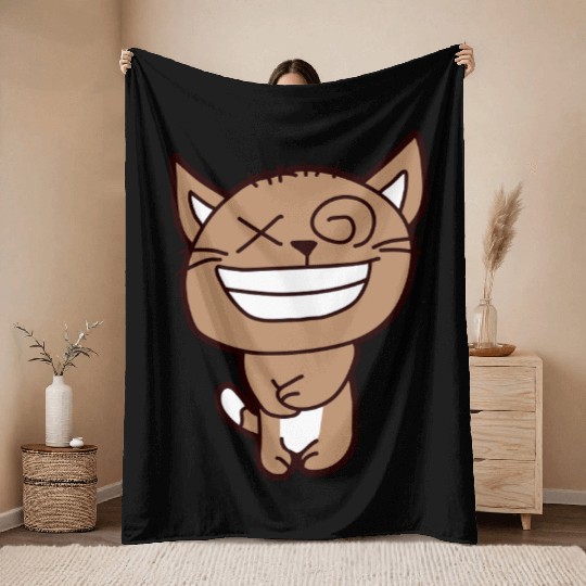Crazy Cat Weird Funny Eyes Cool Grimace Cartoon Throw Blankets