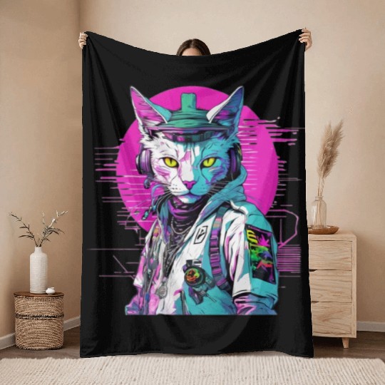 Neon Cyberpunk Warrior Cat Throw Blankets