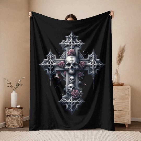 Gothic Cross Collection - Skulls and Red Roses Throw Blankets