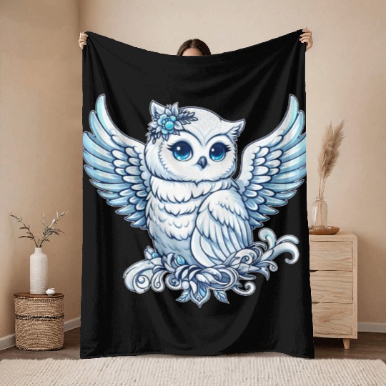 Cute snowy owl blue eyes angel wings cartoon Throw Blankets