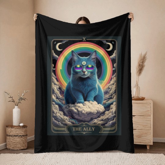 tarot card the alley blue cat rainbow sunglasses Throw Blankets