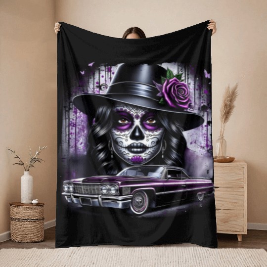 lowrider catrina Sugar skull Throw Blankets