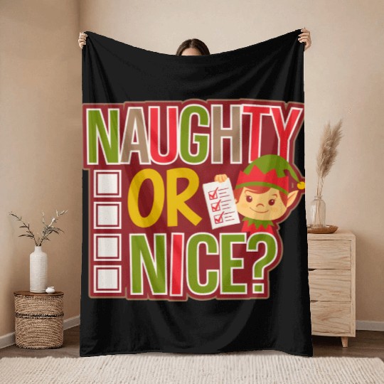 Playful Elf Naughty or Nice Holiday Fun Throw Blankets