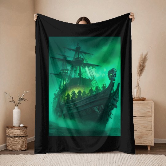Ghost Ship Throw Blankets - Haunting Pirate Ship in Fog