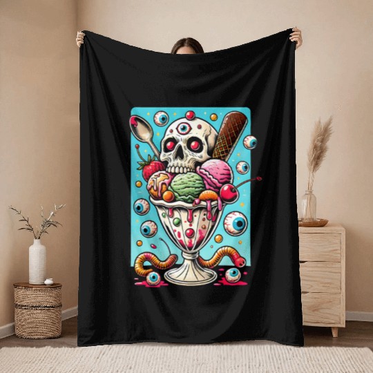 Spooky Sundae Skull Art: Creepy Dessert Aesthetic Throw Blankets