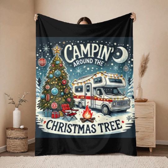 campin around christmas tree final correct Throw Blankets