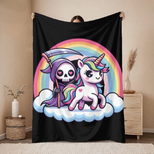 Cute Reaper And Unicorn Rainbow Throw Blankets