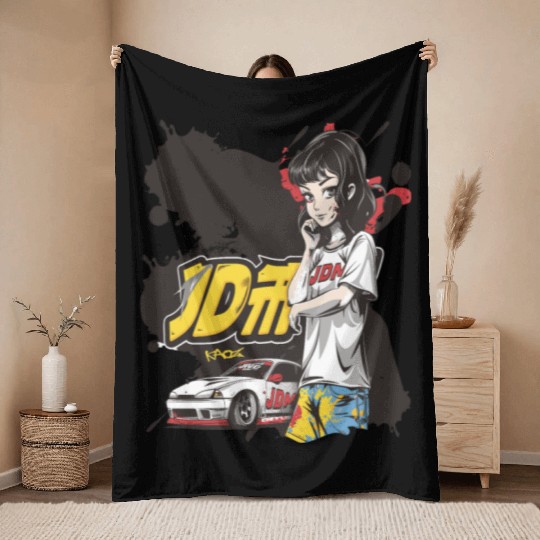 Cute Anime Girl JDM Car Street Racer Throw Blankets