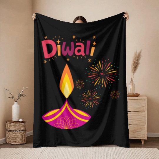Diwali Design with Lamp & Festive Fireworks Throw Blankets