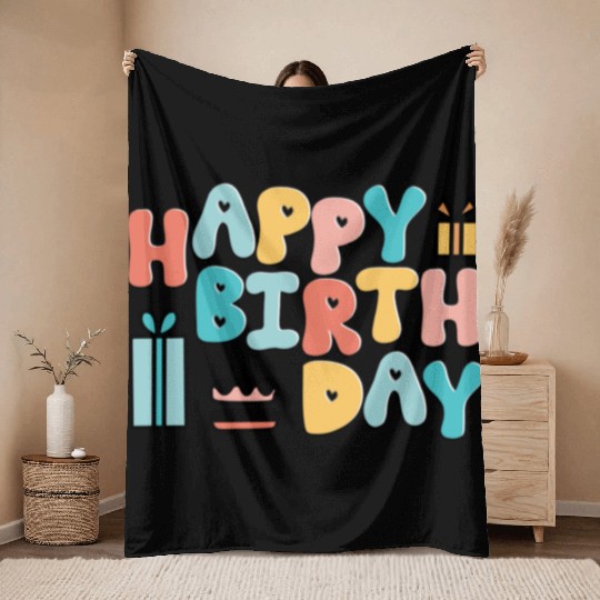 Happy Birthday Typography Art with Cake & Gifts Throw Blankets