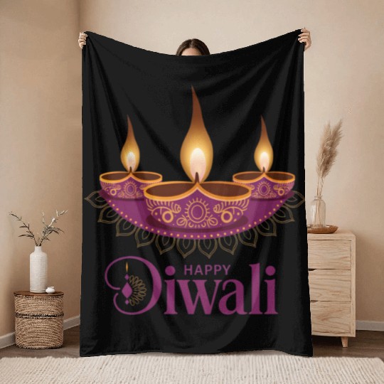 Happy Diwali with Beautiful Diya Lamps Throw Blankets