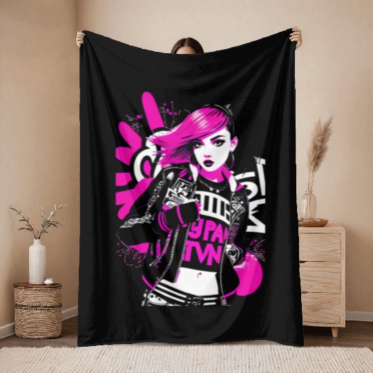 Urban Punk Street Art with Neon Pink Accents Throw Blankets