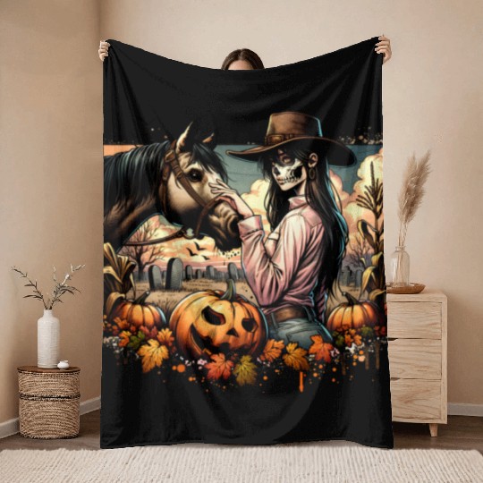 Haunting Cowgirl and Horse in Halloween Graveyard Throw Blankets