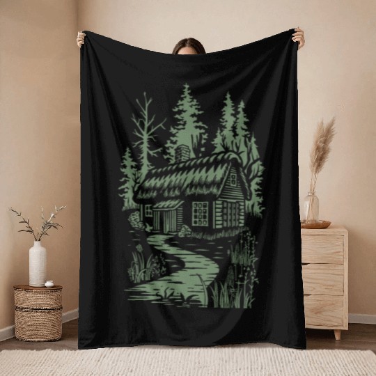 Dark Cottagecore Forest Cabin Fantasy Throw Blankets