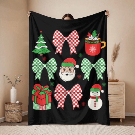 Retro Christmas Coquette Bow Santa Family Design Throw Blankets