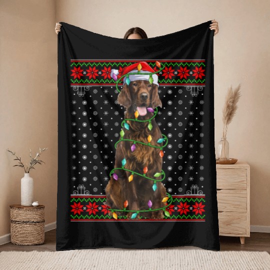 Irish Setter Dog Ugly Christmas Lights Throw Blankets