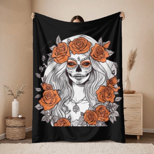 Sugar Skull Rose Queen Throw Blankets