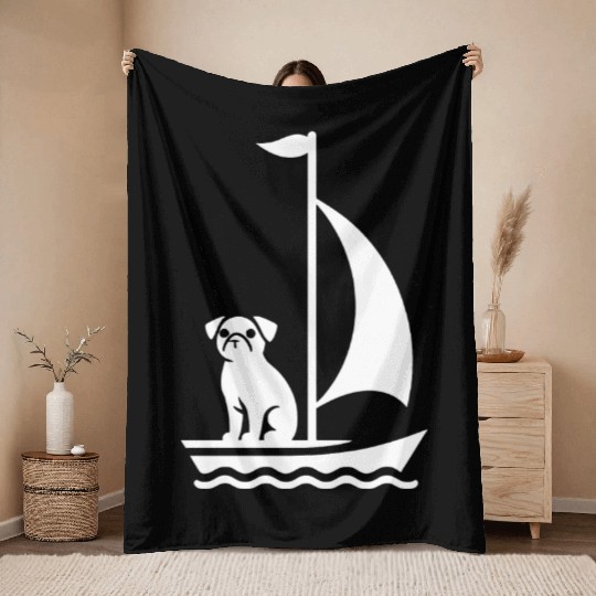 Pug in Boat Silhouette Sailing Minimalist Throw Blankets