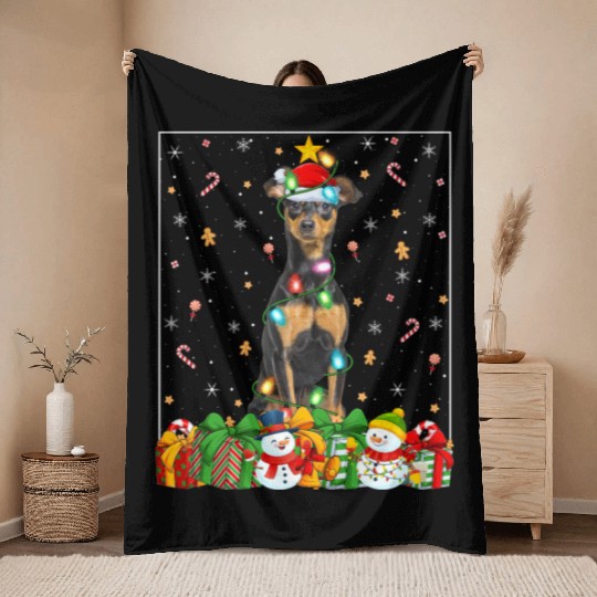 Miniature Pinscher Dog Christmas Lights Throw Blankets