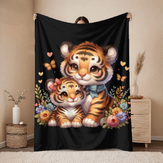 Adorable Tiger Cubs Surrounded by Butterflies and Throw Blankets