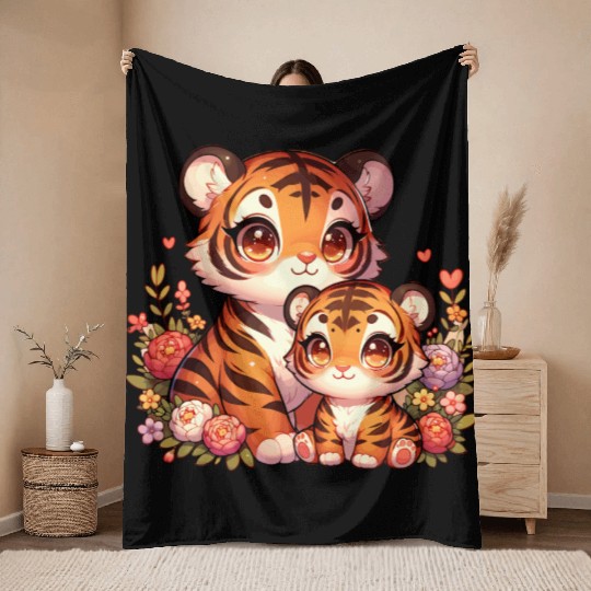 Cute Baby Tiger and Mama Tiger Surrounded by Throw Blankets