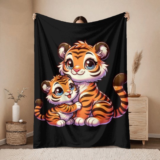 Adorable Tiger Mom and Cub Hugging Illustration Throw Blankets