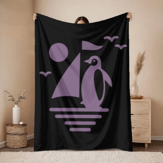 Penguin Sailboat Silhouette Minimalist Throw Blankets