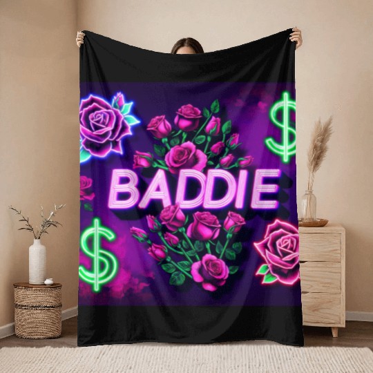 BADDIE in Neon Pink Throw Blankets