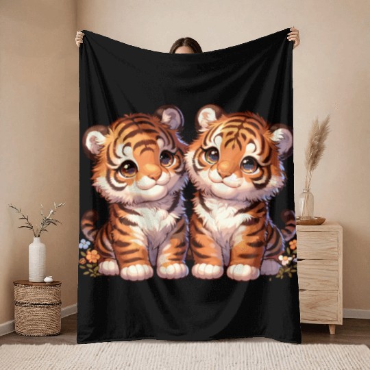 Adorable Twin Tiger Cubs Illustration with Flowers Throw Blankets