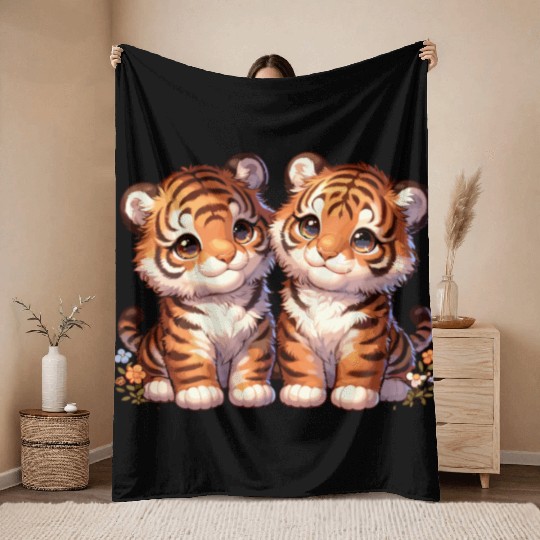 Adorable Twin Tiger Cubs Illustration with Flowers Throw Blankets