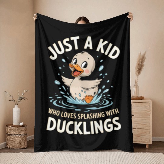 Just a Kid Who Loves Splashing with Ducklings Throw Blankets