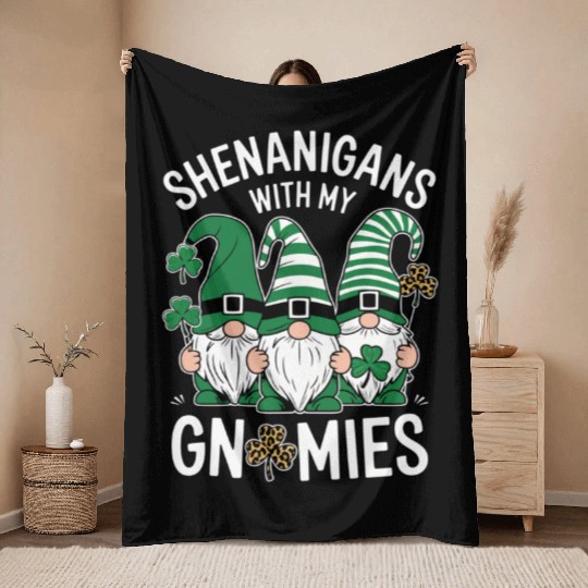 St Patricks Day Lucky Shamrock Leopard Gnomes Throw Blankets