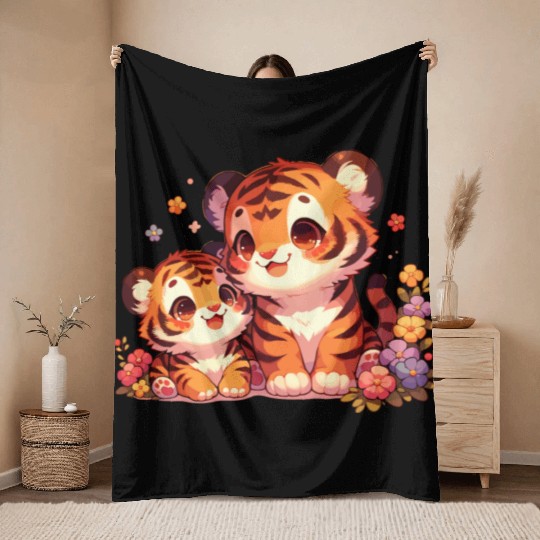 Adorable Tiger Cubs Surrounded By Flowers Throw Blankets