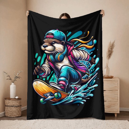 Cool Otter Skateboarding with Headphones Vibrant Throw Blankets