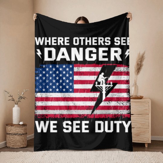 American Flag Lineman Duty Danger Throw Blankets