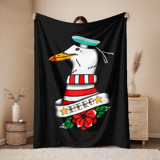 Hero Seagull Tattoo Throw Blankets