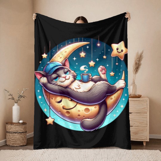 Cute Cat Relaxing on Moon with Stars and Coffee Throw Blankets