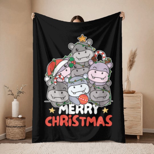 Hippo Christmas Tree Merry Christmas Throw Blankets