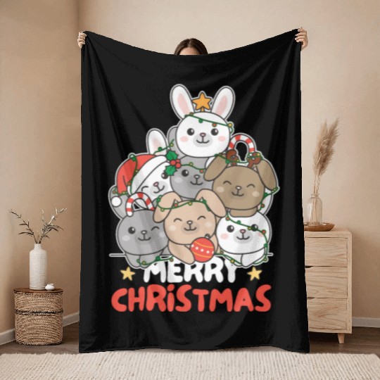 Bunny Christmas Tree Merry Christmas Throw Blankets