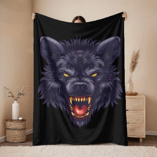 dark wolf face Throw Blankets