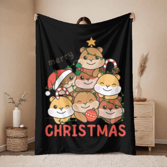 Hamster Christmas Tree Merry Christmas Throw Blankets