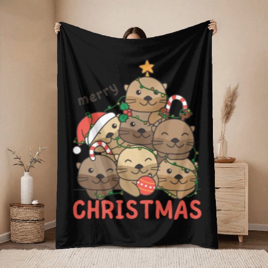 Otter Christmas Tree Merry Christmas Throw Blankets