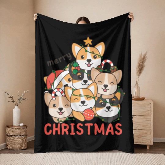 Corgi Christmas Tree Merry Christmas Throw Blankets